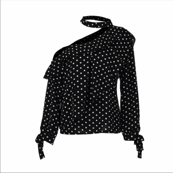 One Shoulder Polka Dot Choker Ruffle Top - Picture 5 of 5